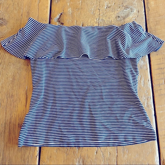 ANN TAYLOR Ruffle Striped Off the Shoulder Top - Picture 1 of 4